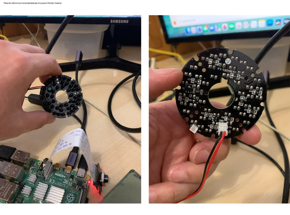 Front and rear views of a circular lighting board used as a reference for NestCam, with a Raspberry Pi on the desk.