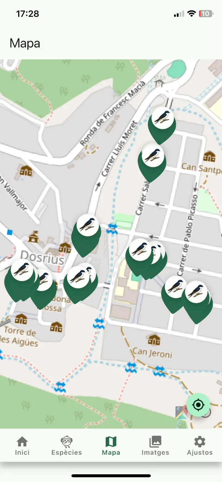 OrniNotes screenshot: map with bird observation markers and navigation for home, species, map, images and settings.